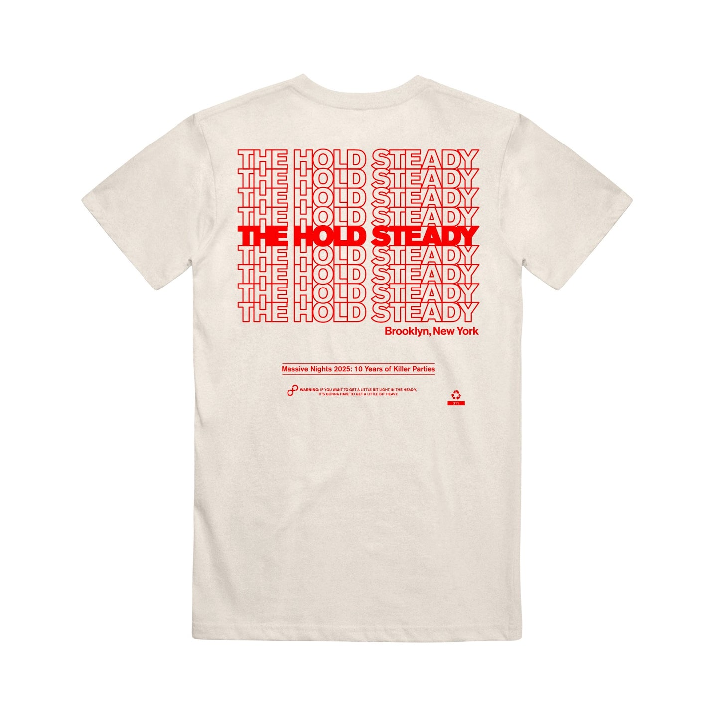 Back of a white The Hold Steady T-shirt with "THE HOLD STEADY" repeated in bold red text, one line bolded. Below, it says Brooklyn, New York with smaller red text noting Massive Nights 2023: 10 Years of Killer Parties.