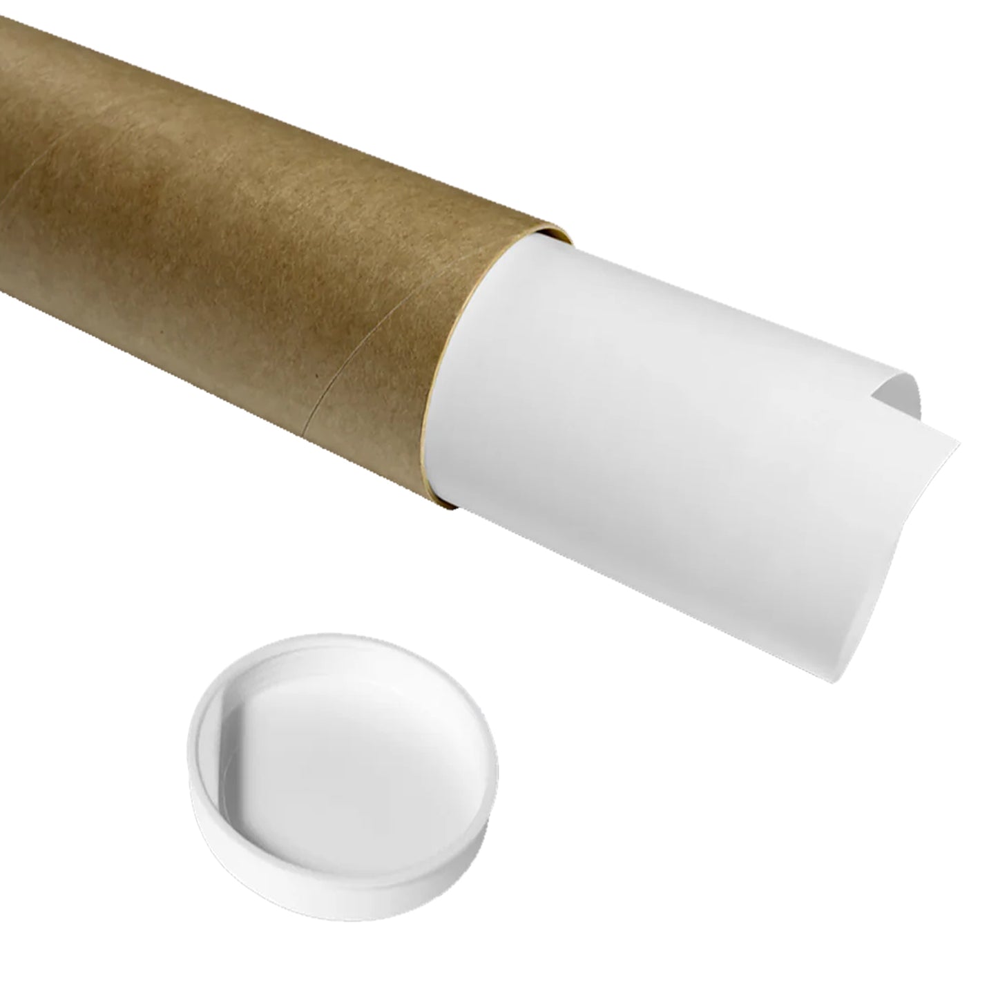 A brown cardboard mailing tube from The Hold Steady with a rolled-up white paper—possibly a mystery poster—inside, and a detached white plastic cap, all on a white background.