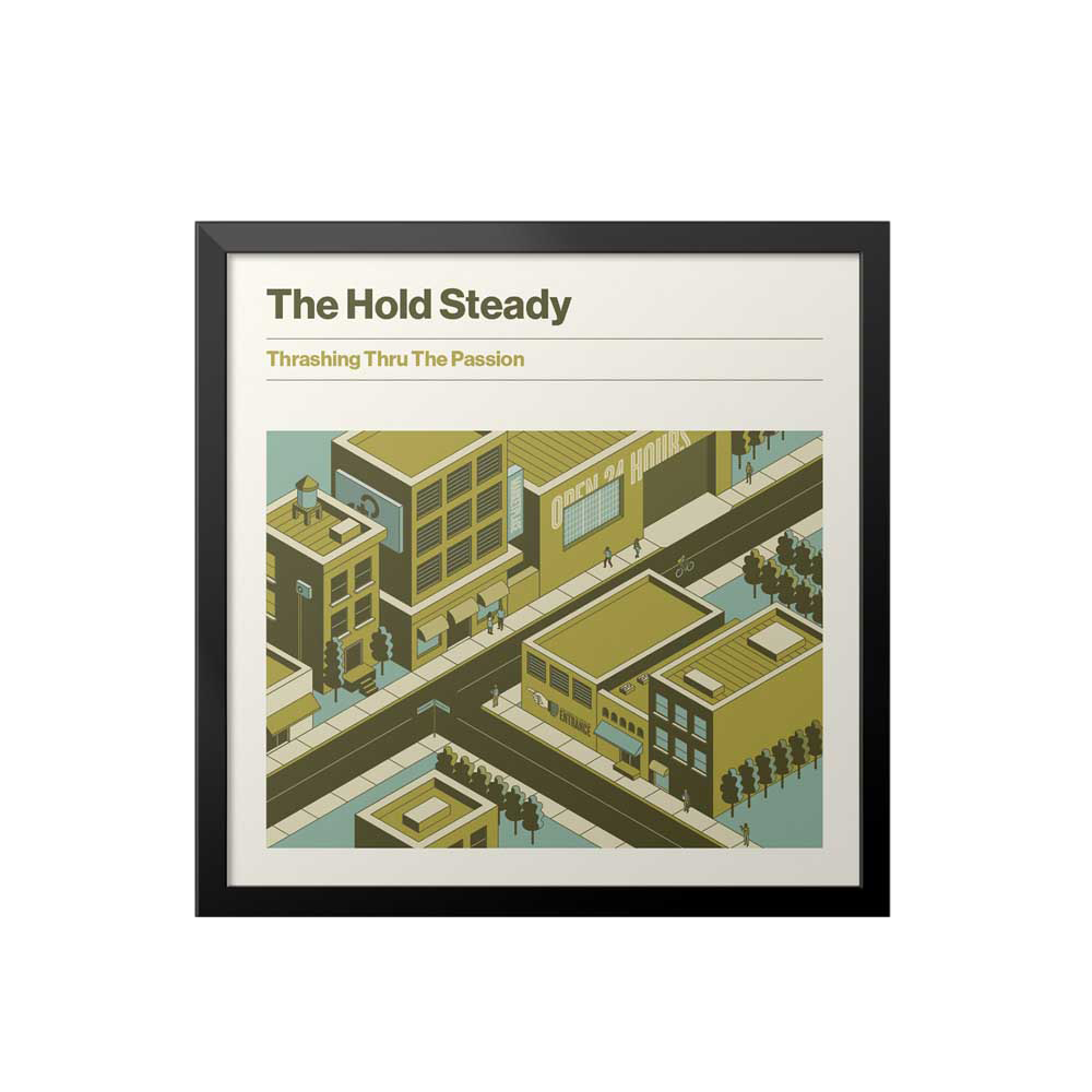 Framed album cover for The Hold Steady's "Thrashing Thru The Passion," featuring an illustrated cityscape with streets, buildings, trees, and small human figures.