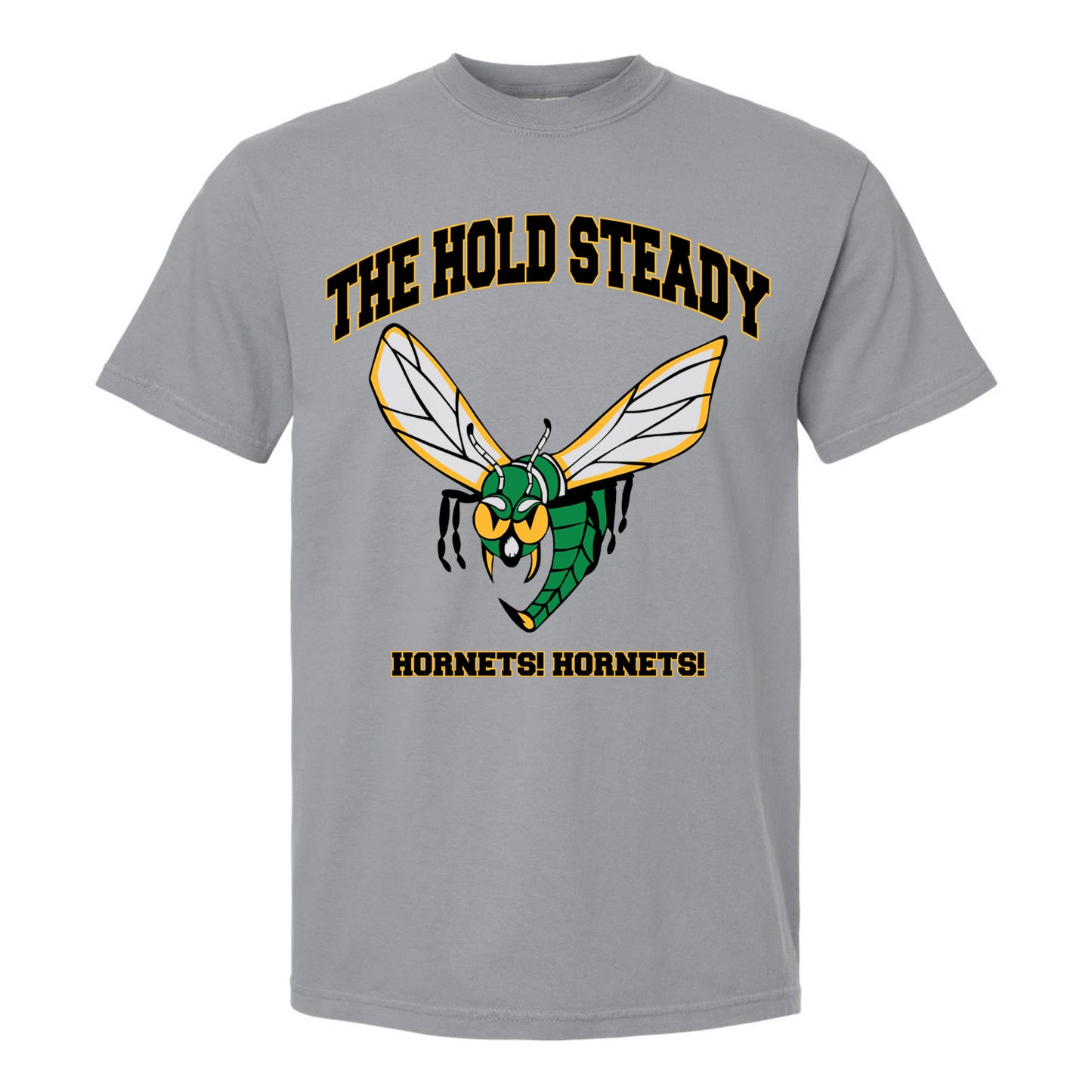 A gray t-shirt from The Hold Steady featuring a large green and yellow cartoon hornet; bold text above reads THE HOLD STEADY, with yellow block letters below spelling HORNETS! HORNETS! Perfect with your favorite grey sneakers.
