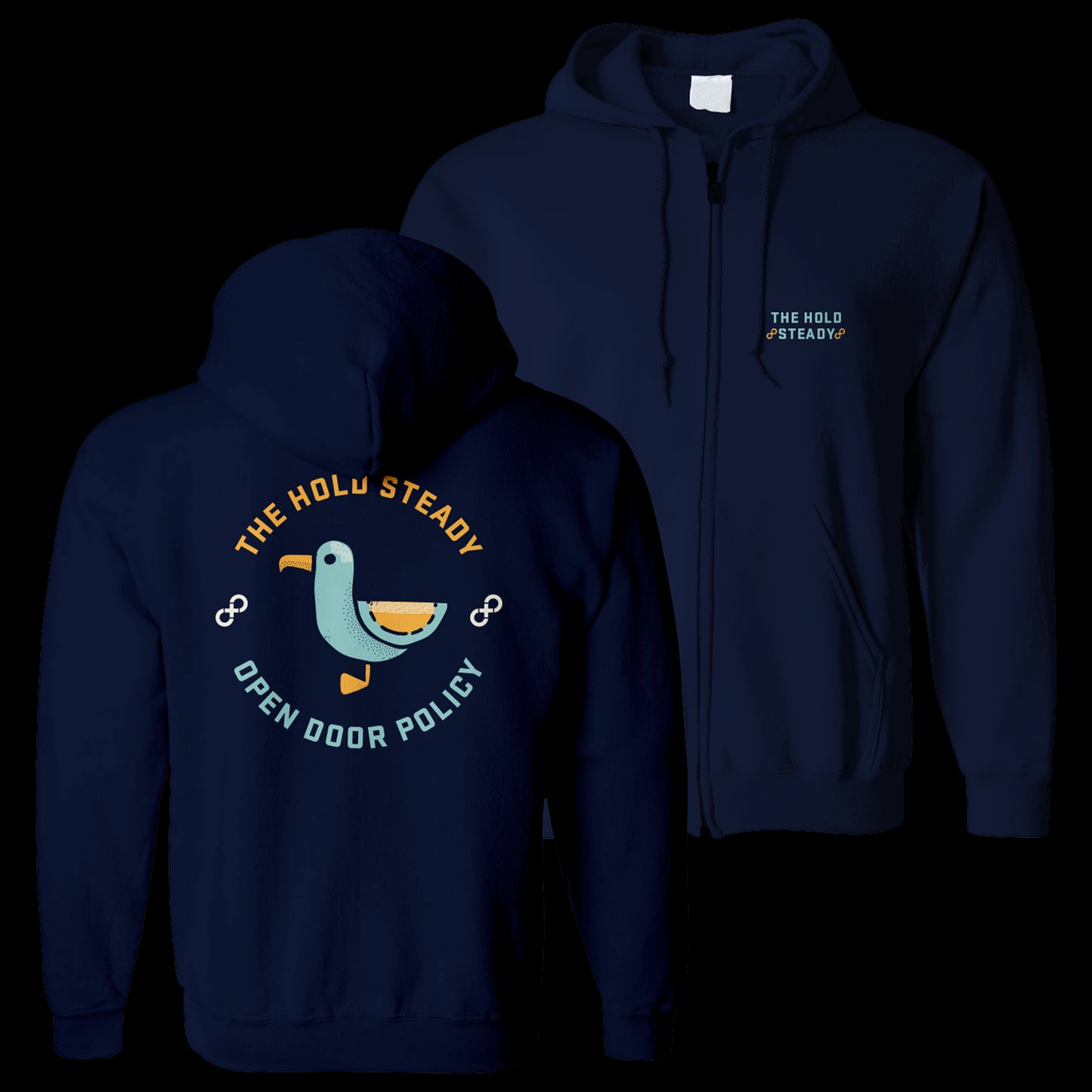 Open Door Policy Navy Zip Up Hoodie front and back