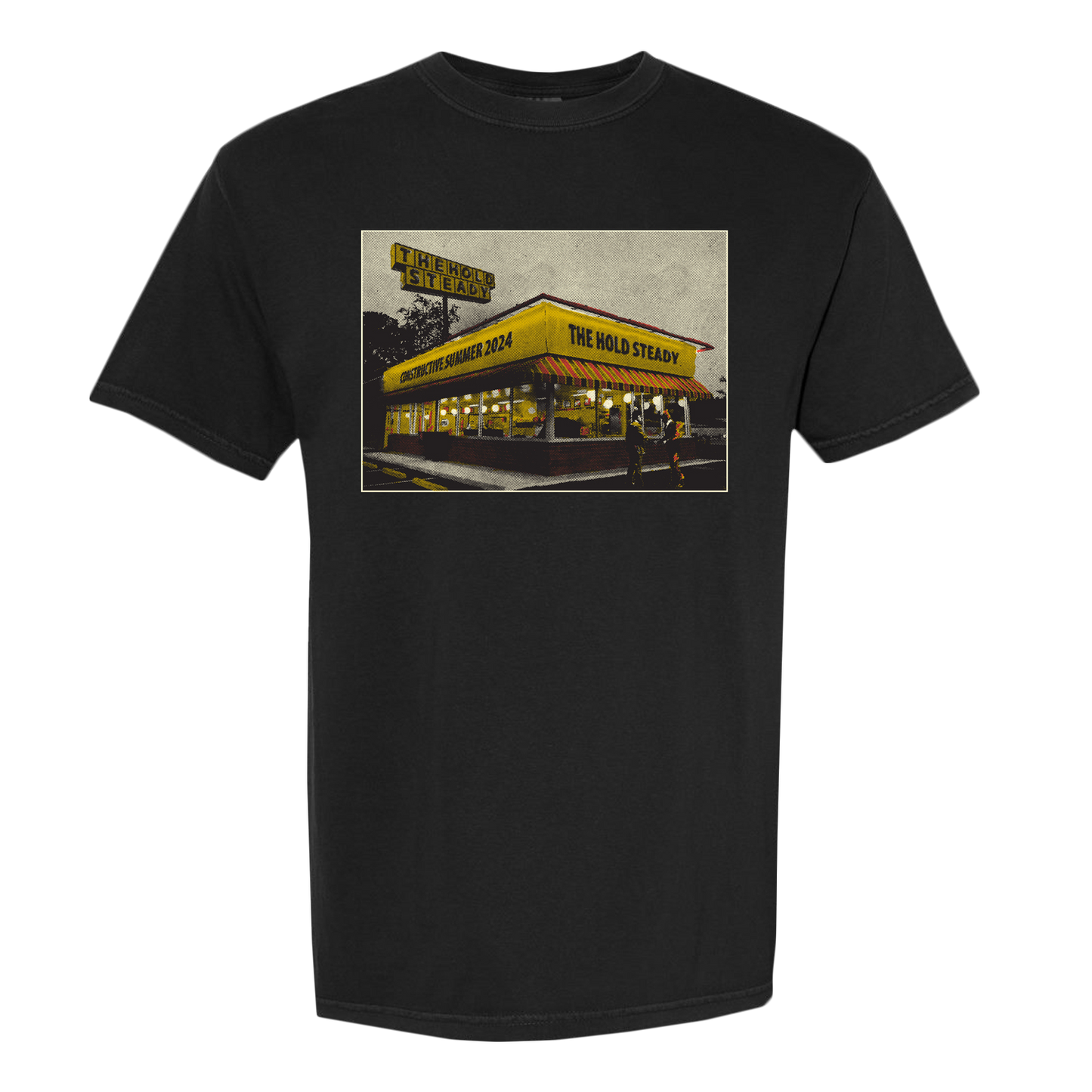 The Hold Steady black T-shirt in soft ring-spun cotton features a vintage diner image with yellow THE HOLD STEADY and SUMMER 2024 signage, plus a nighttime scene of streetlights and a parking lot.