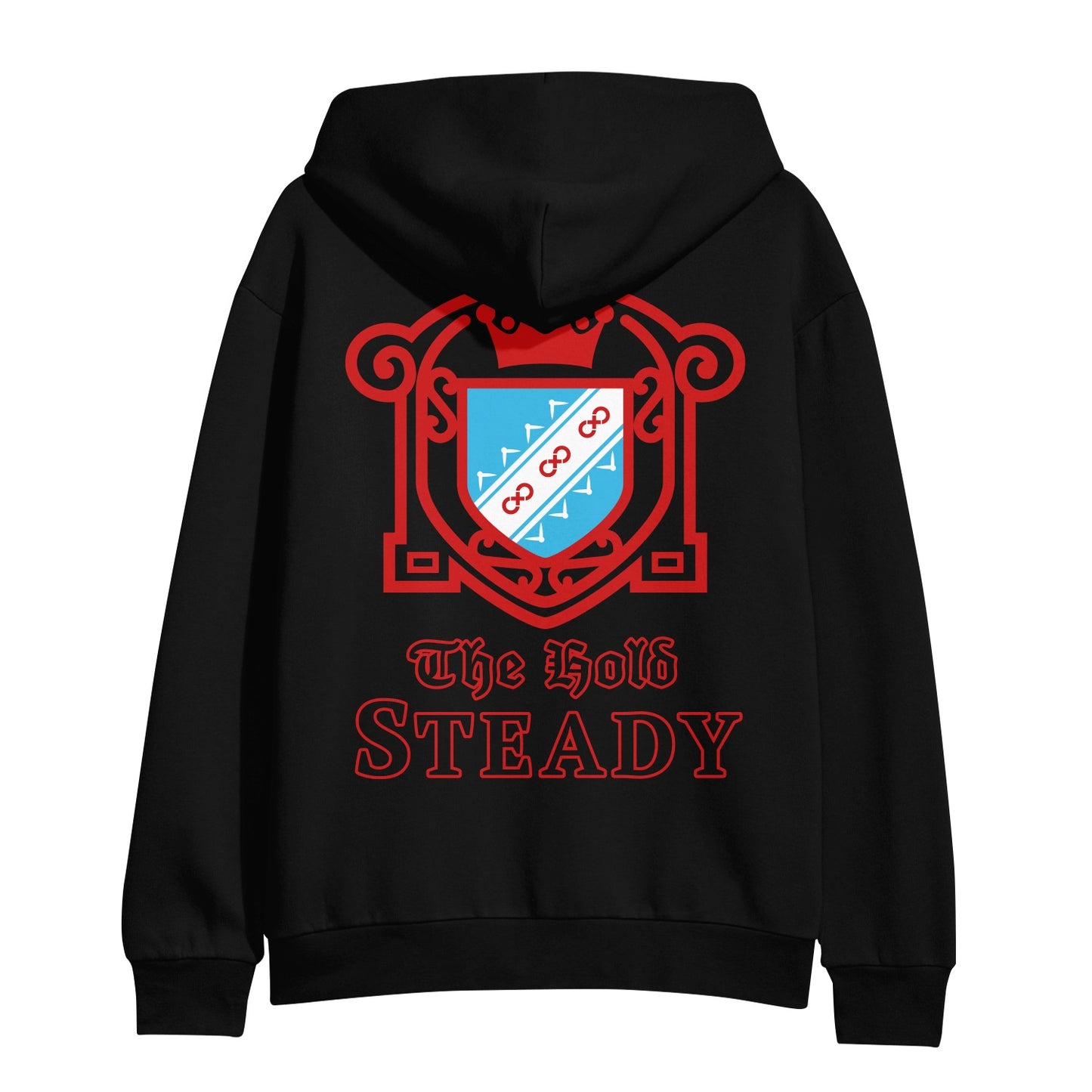 A black The Hold Steady hoodie with a decorative red and blue crest on the back and “The Hold Steady” printed in bold red letters below the crest.