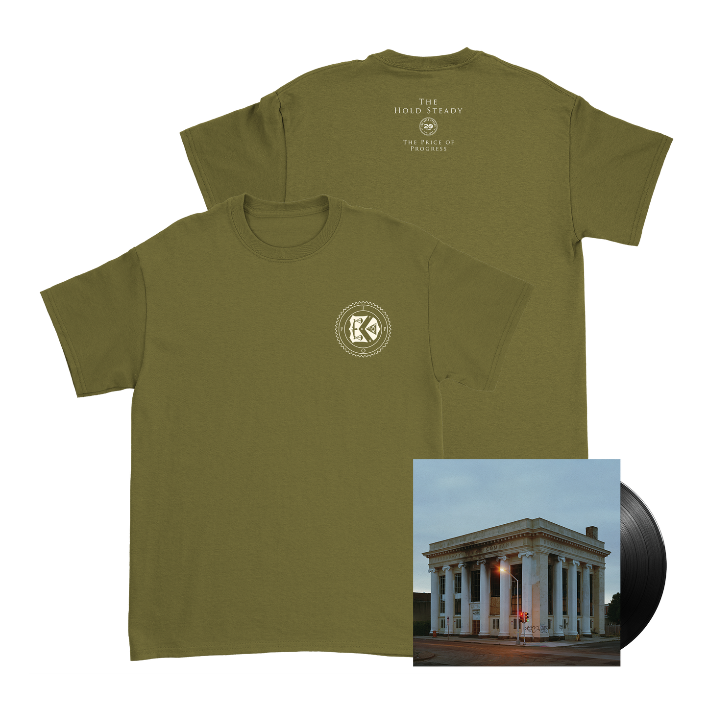 The Hold Steady olive green 100% cotton T-shirt with a small round emblem on the front left chest and text on the upper back, alongside a vinyl record featuring album art of a white-columned building at dusk.