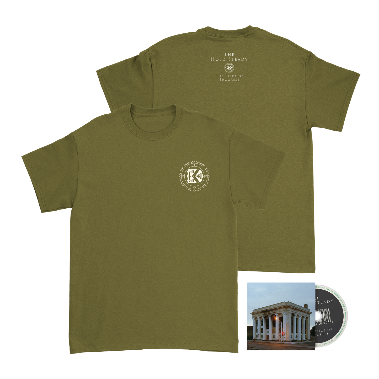 The Hold Steady olive green 100% cotton shirt with a small white circle graphic on the front left chest and "Price Of Progress" in white on the upper back. Includes a CD and case featuring a photo of a white columned building.