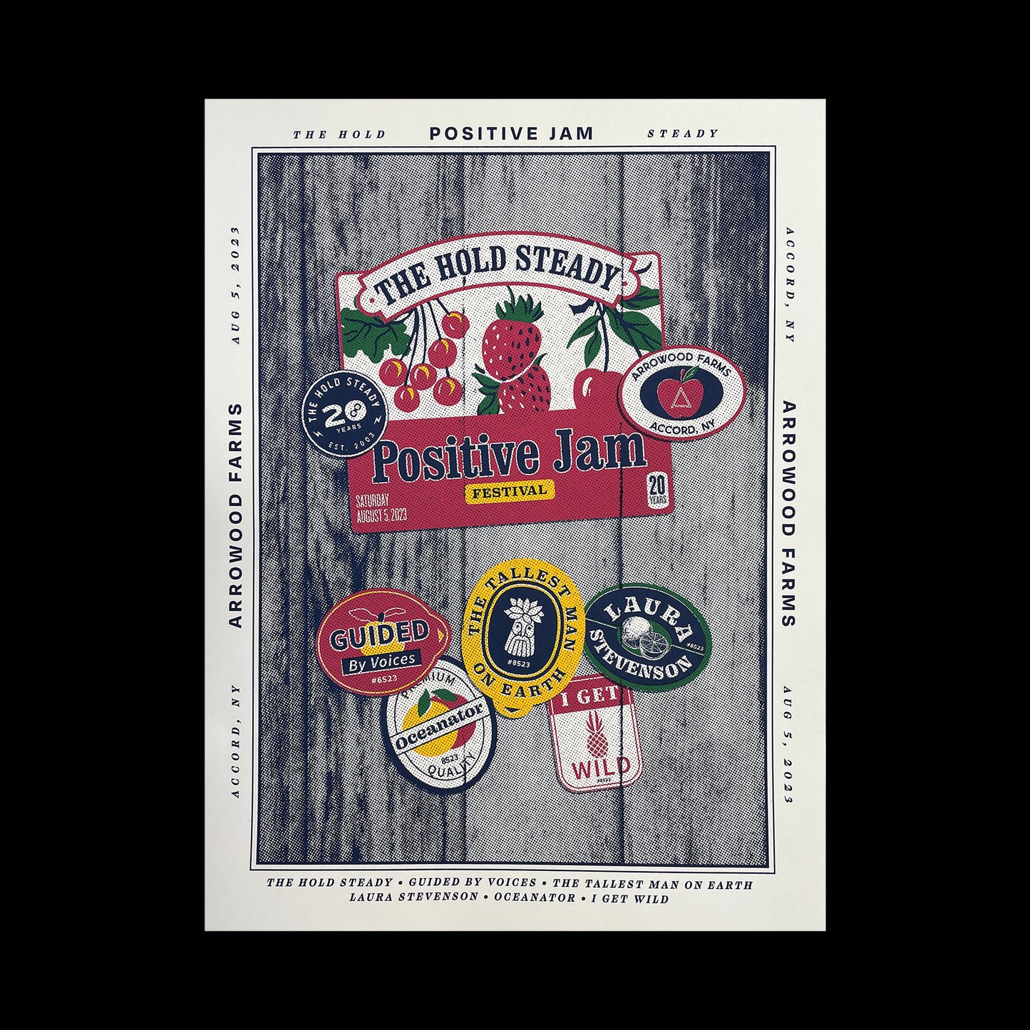 This limited edition 18x24 poster for Positive Jam Festival by The Hold Steady features colorful band stickers on a wood background, with event details around the border.