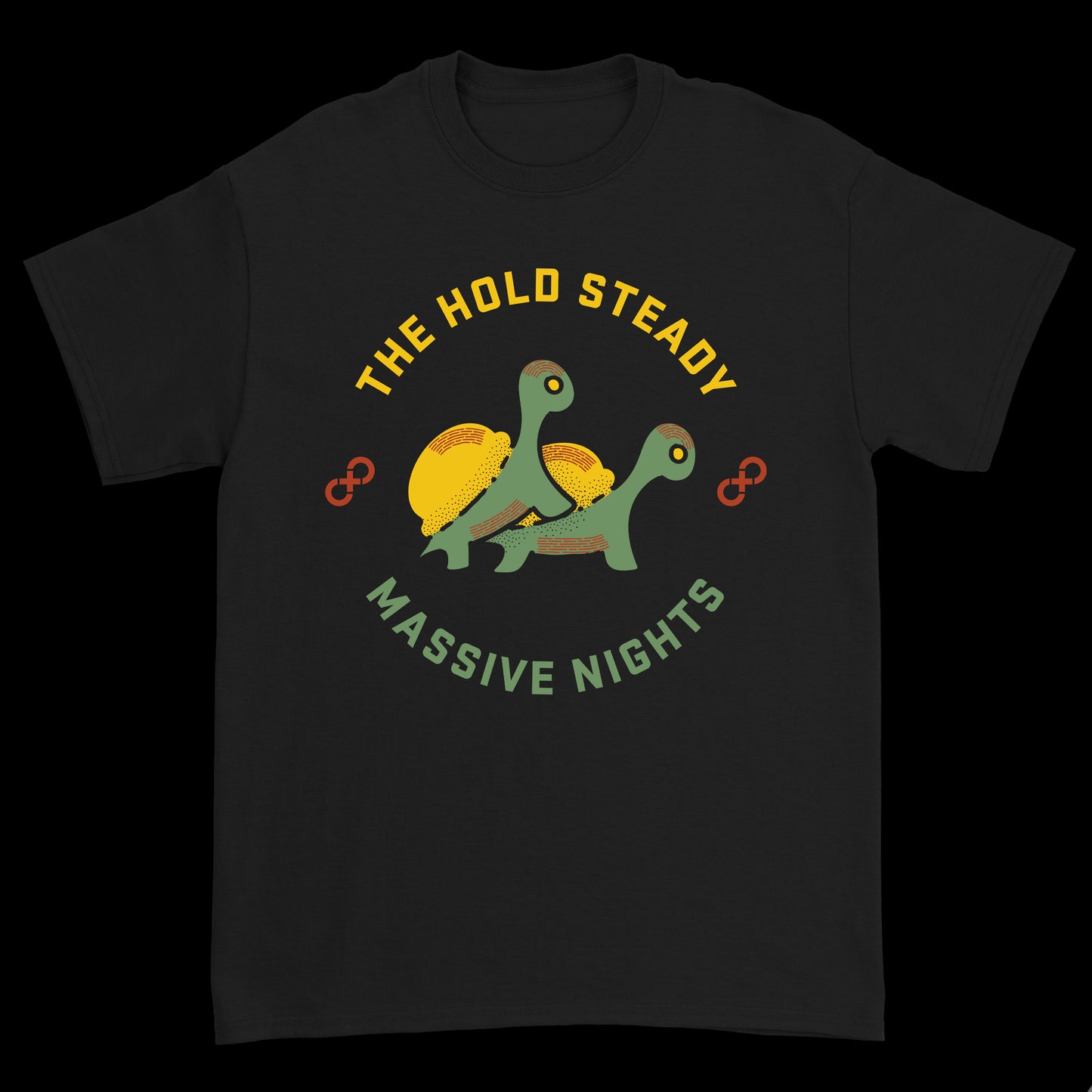 A black The Hold Steady T-shirt with two illustrated turtles—one riding the others back—and The Hold Steady above and Massive Nights below in yellow and green text.