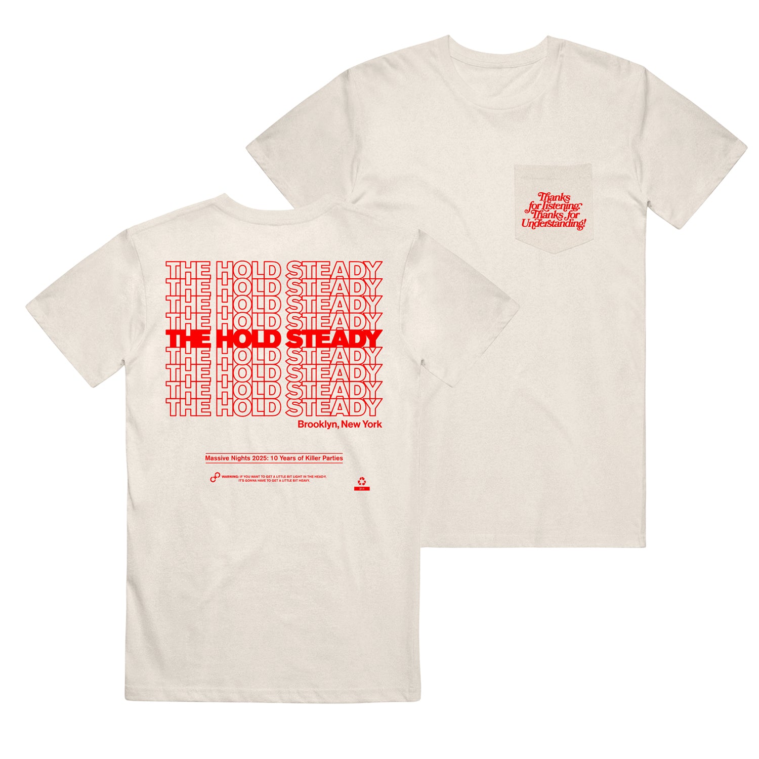 White Comfort Colors pocket tee with red text. "Teeth Dreams 10th Anniversary" is on the left chest pocket; the back repeats The Hold Steady with Brooklyn, New York, and event details at the bottom.