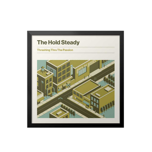 Framed album cover for The Hold Steady's "Thrashing Thru The Passion," featuring an illustrated cityscape with streets, buildings, trees, and small human figures.