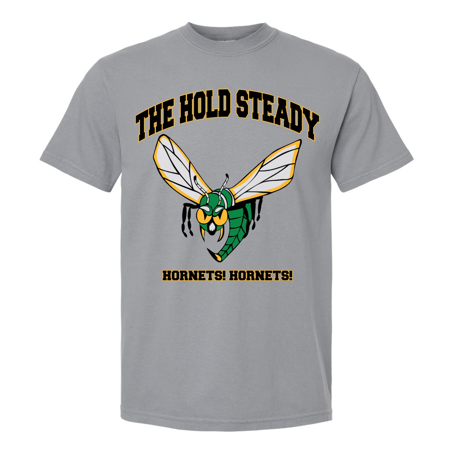 A gray t-shirt from The Hold Steady featuring a large green and yellow cartoon hornet; bold text above reads THE HOLD STEADY, with yellow block letters below spelling HORNETS! HORNETS! Perfect with your favorite grey sneakers.