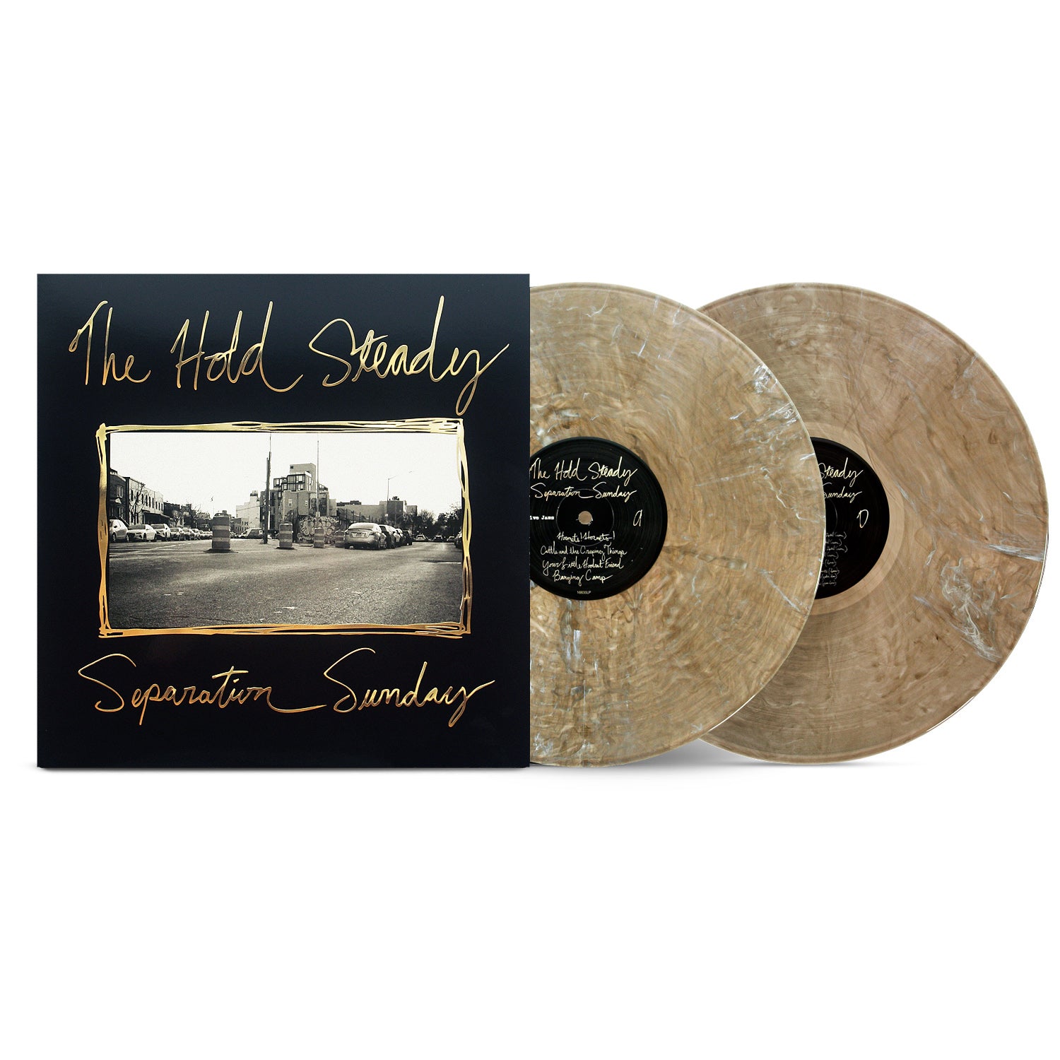 The Hold Steady's 20th Anniversary Edition vinyl of Separation Sunday features a black cover with a sepia city photo, gold handwritten text, and two gold swirl marbled beige/white records.