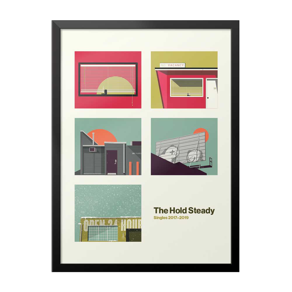 Framed screen printed poster by The Hold Steady featuring five minimalist building illustrations and the text "The Hold Steady Singles 2017–2019" in gold letters near the bottom right corner. This limited edition 18" x 24" poster makes a striking addition to any collection.