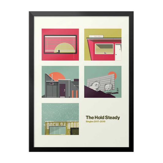 Framed screen printed poster by The Hold Steady featuring five minimalist building illustrations and the text "The Hold Steady Singles 2017–2019" in gold letters near the bottom right corner. This limited edition 18" x 24" poster makes a striking addition to any collection.