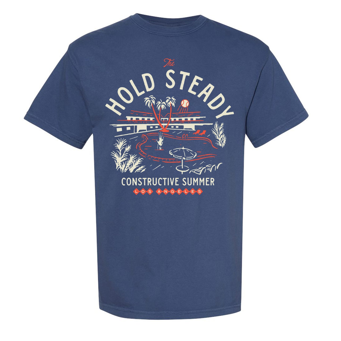 A navy blue The Hold Steady T-shirt with "Constructive Summer" and a retro red and white Los Angeles pool, palm trees, building, and sun graphic—perfect for summer 2025.