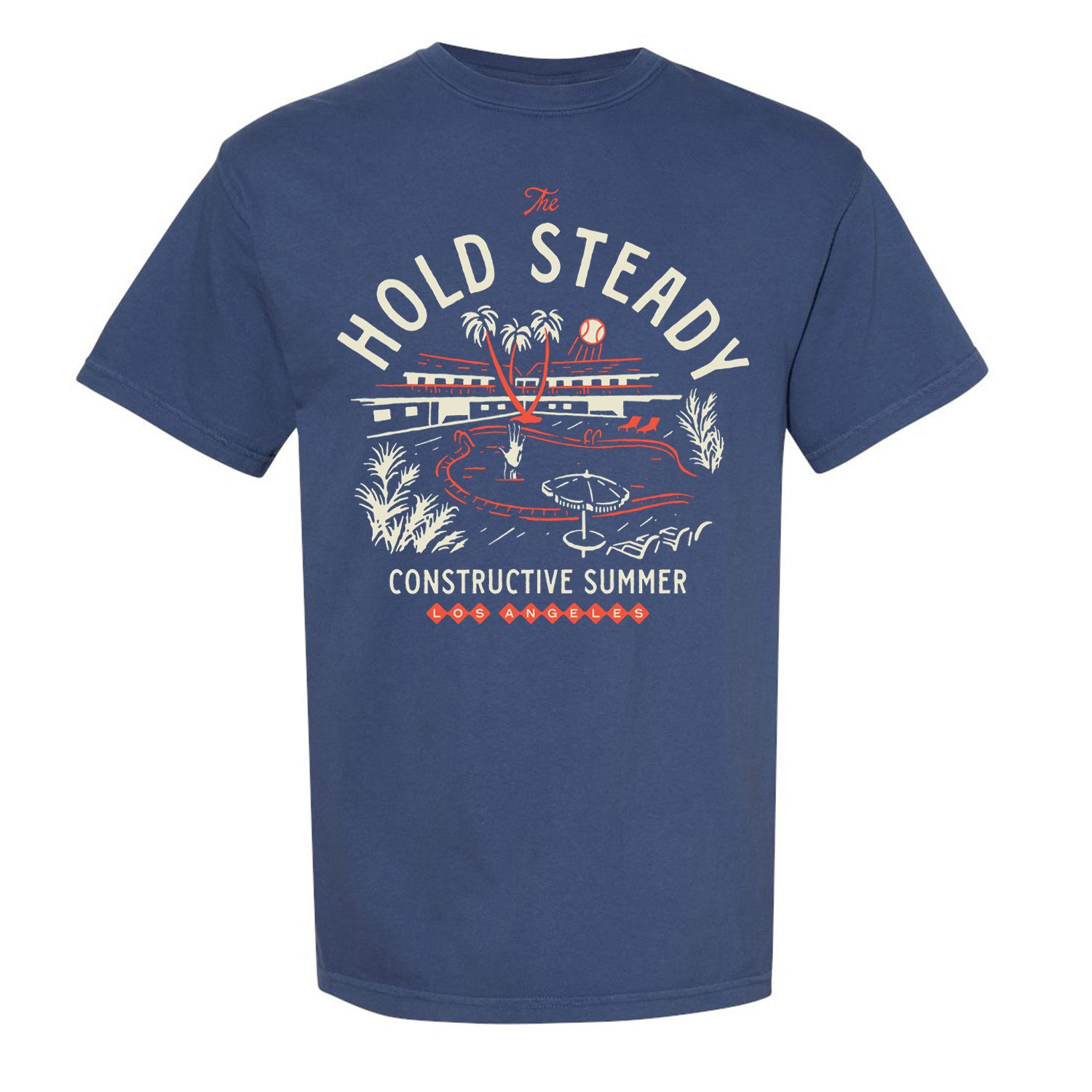 A navy blue The Hold Steady T-shirt with "Constructive Summer" and a retro red and white Los Angeles pool, palm trees, building, and sun graphic—perfect for summer 2025.