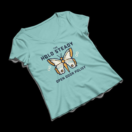 Open Door Policy (Butterfly) Light Blue Girl's V-Neck T-Shirt