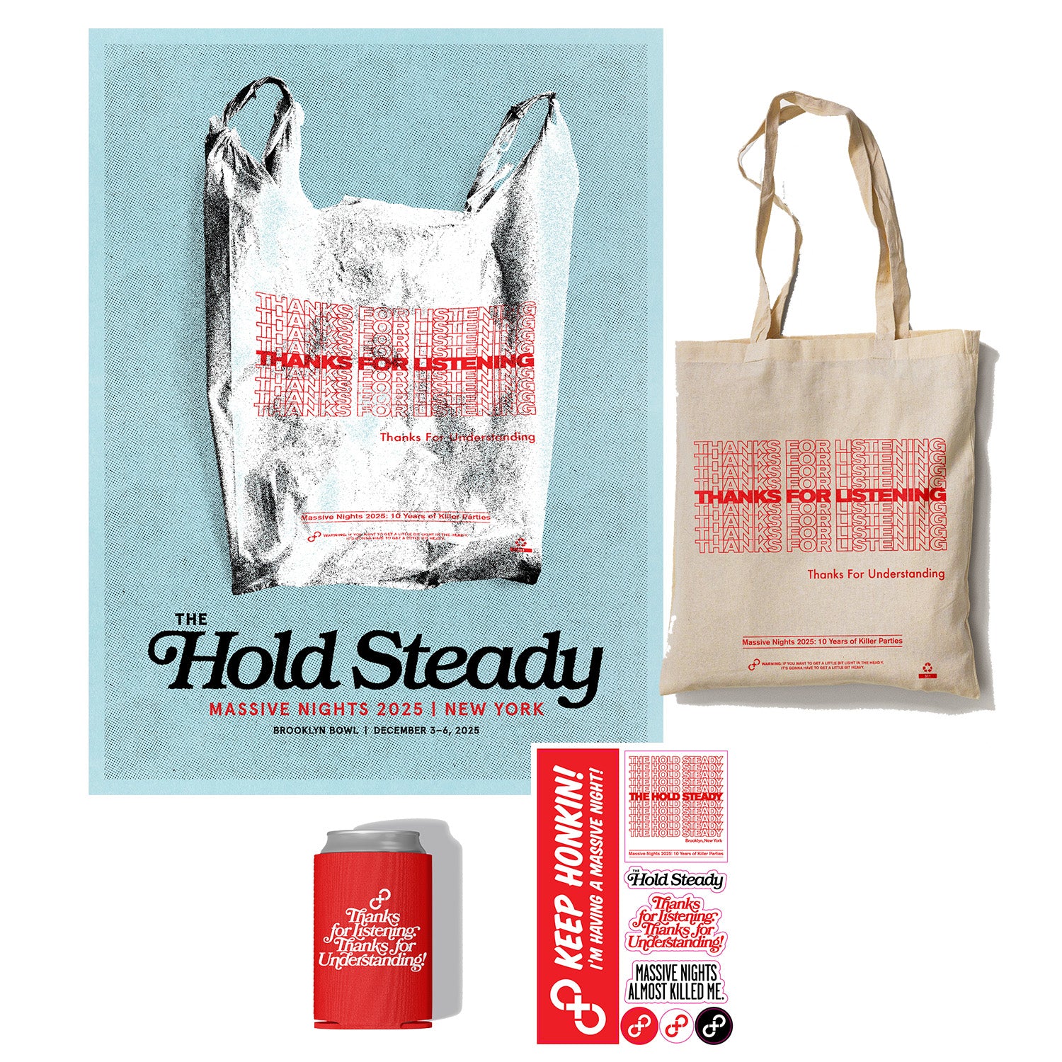 The Hold Steady Massive Nights 2025 merch bundle includes a poster, canvas tote, drink koozie, and stickers—all featuring a plastic bag graphic and "Thanks for Listening" in red.