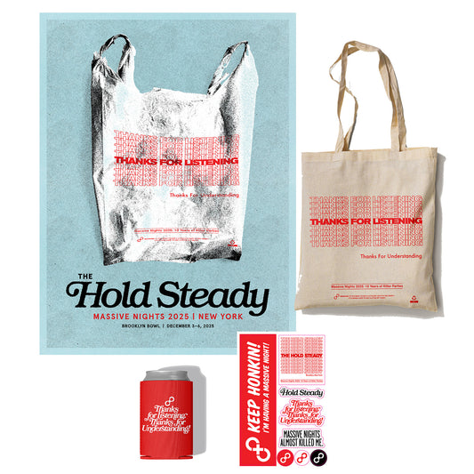 The Hold Steady Massive Nights 2025 merch bundle includes a poster, canvas tote, drink koozie, and stickers—all featuring a plastic bag graphic and "Thanks for Listening" in red.
