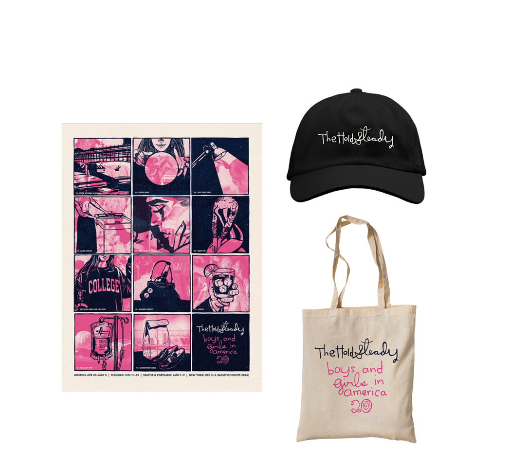 A merch set from The Hold Steady featuring a pink and blue screen printed Constructive Summer 2026 poster, a black cap with white embroidered text, and a cream tote bag with handwritten text in pink and black.