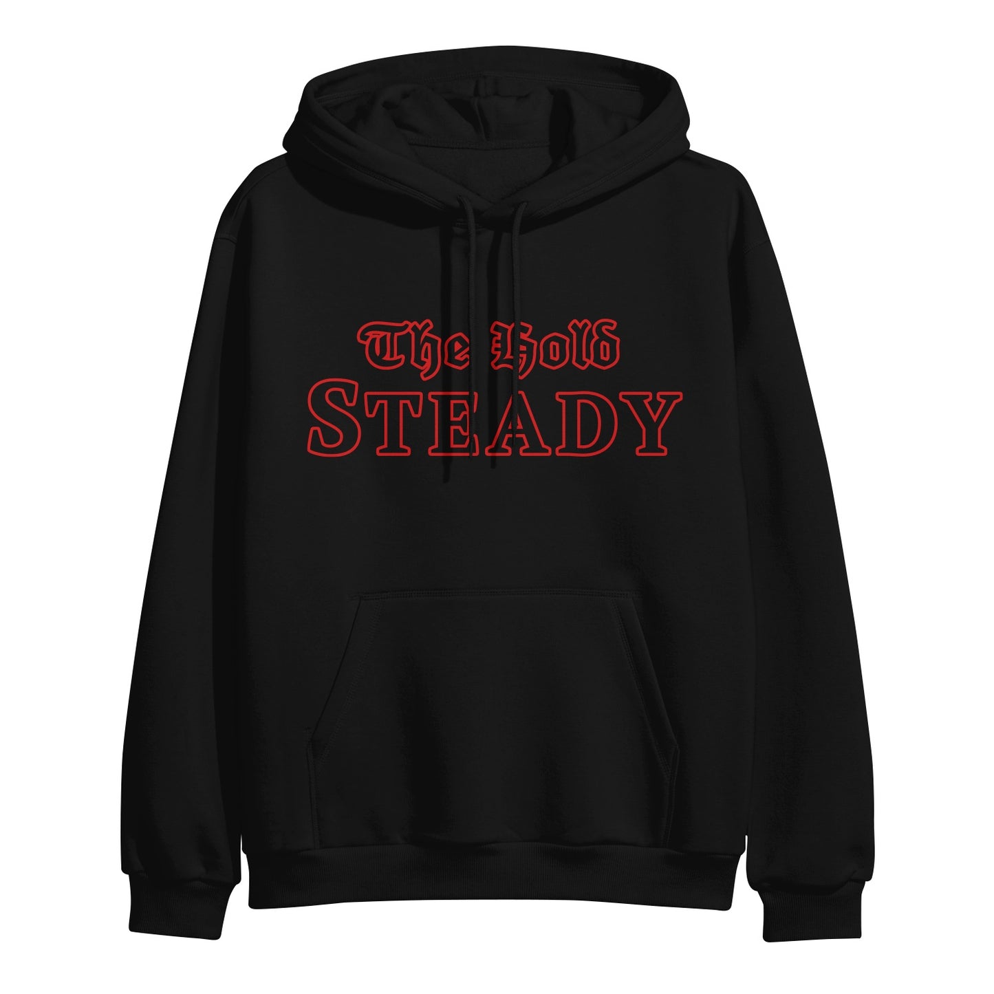 A black hoodie featuring The Hold Steady’s name in bold red gothic-style lettering on the front.