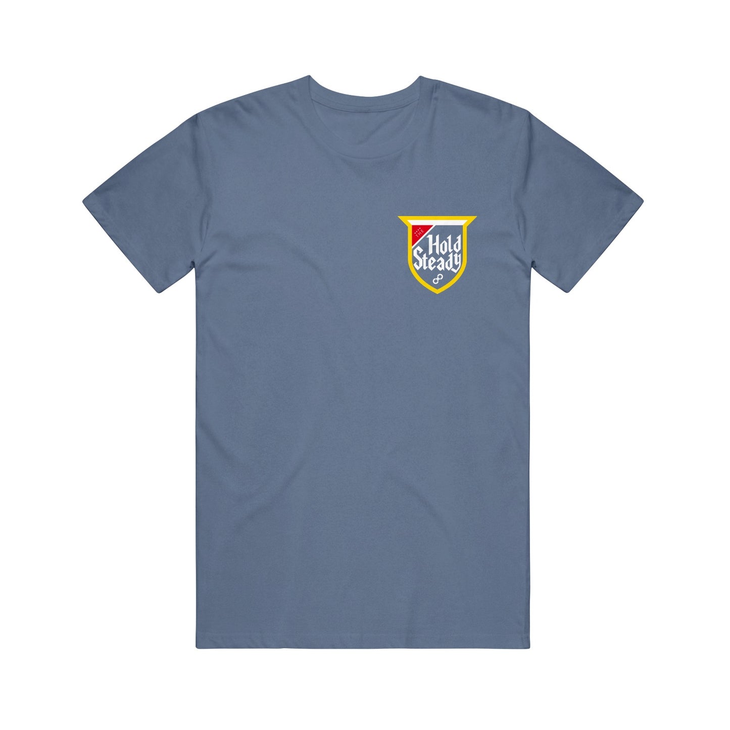 The Hold Steady Comfort Colors blue tee features a small, yellow-outlined, shield-shaped crest on the left chest with "Hold Steady" text. The crest includes red, blue, and white sections for a colorful look.