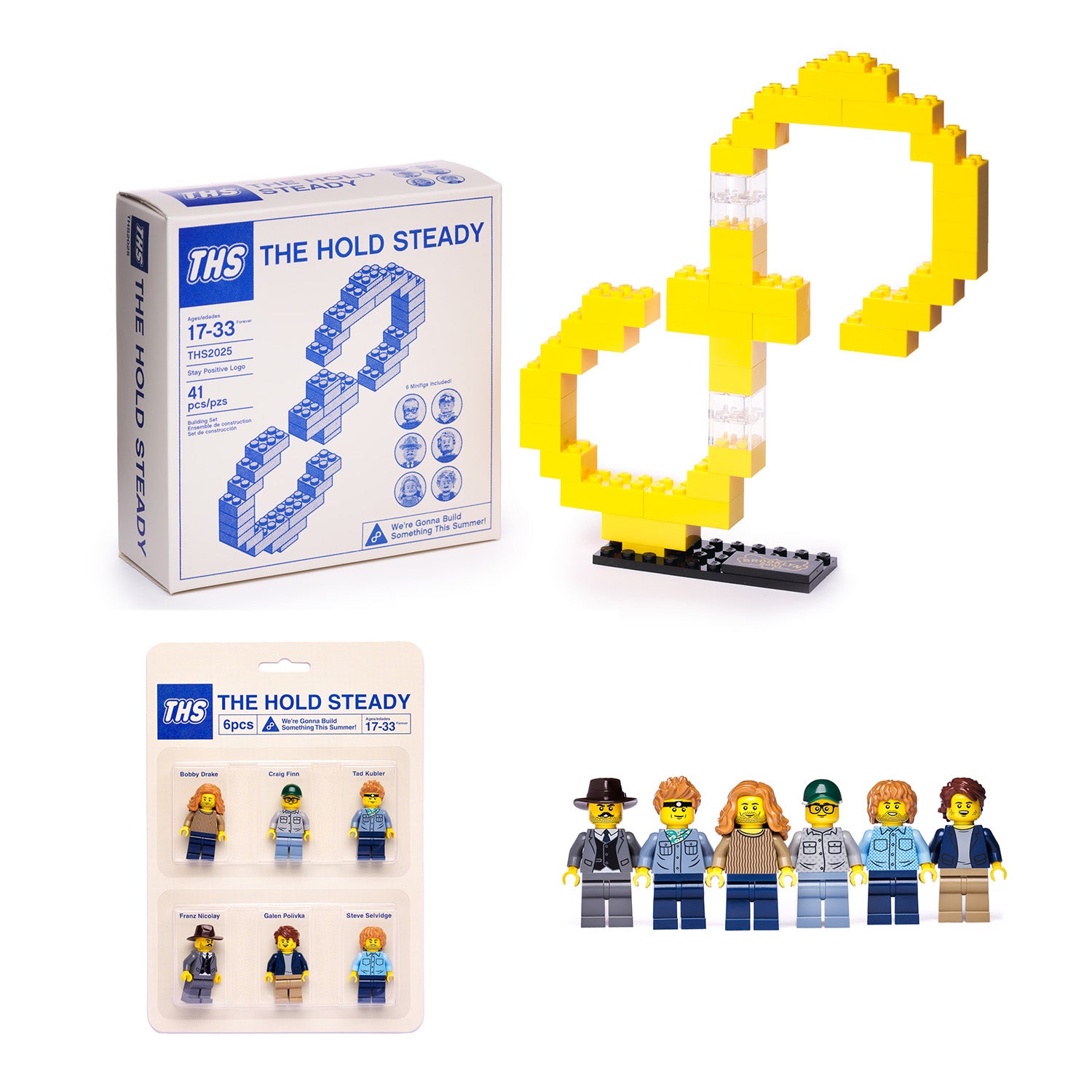 The Hold Steady limited edition LEGO-style kit includes a yellow infinity symbol, box, and six collectible minifigures packaged together with assembled minifigures lined up for display.