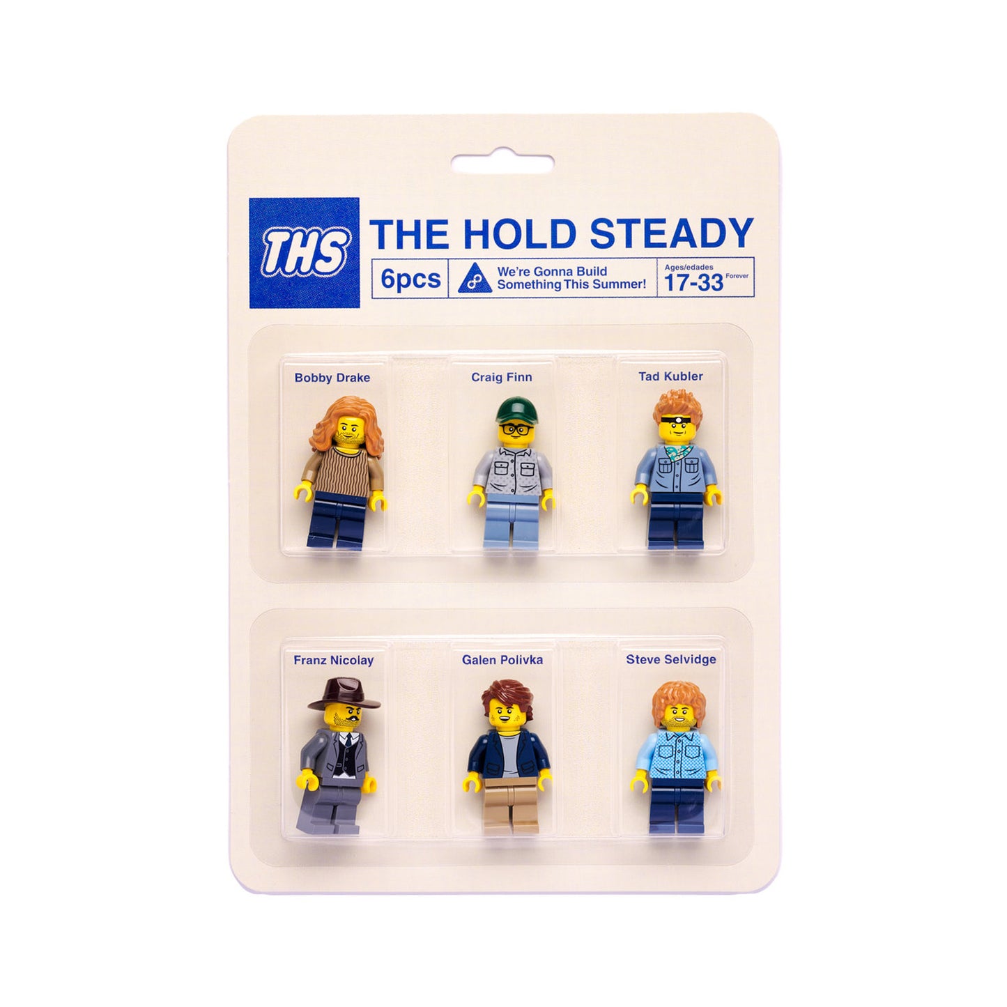 A premium blister card featuring The Hold Steady showcases collectible band minifigures—Bobby Drake, Craig Finn, Tad Kubler, Franz Nicolay, Galen Polivka, and Steve Selvidge—in a limited edition LEGO-style set.