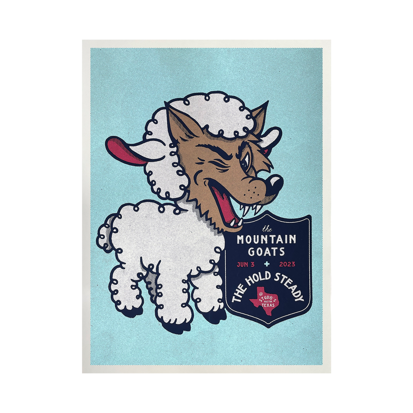 A cartoon wolf in sheep’s clothing winks, with a badge reading “The Mountain Goats, Jun 3 2023, The Hold Steady, Summer Stage, NY” on a light blue background. This limited edition screen printed poster from The Hold Steady measures 18" x 24".