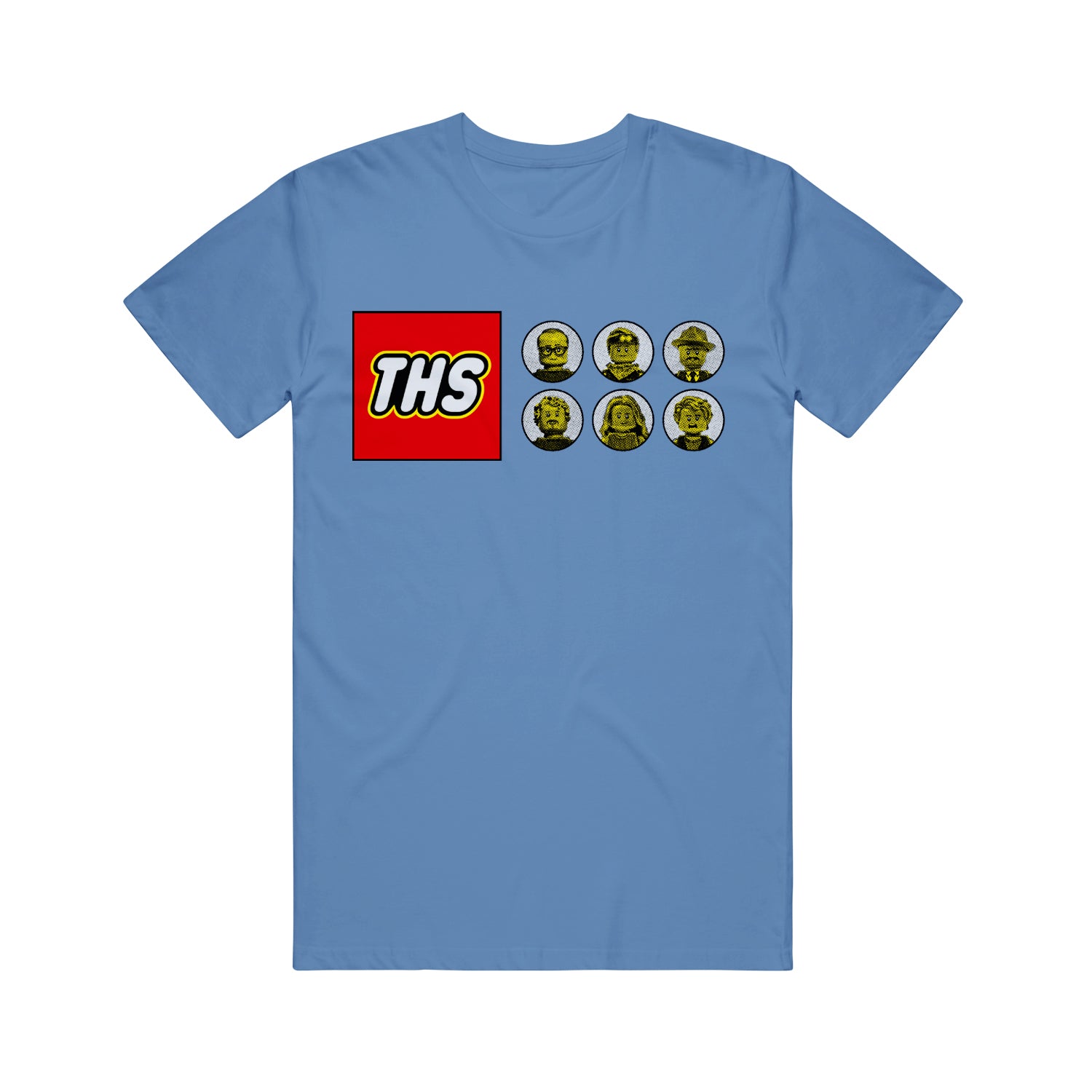 Light blue Comfort Colors T-shirt by The Hold Steady featuring a red and yellow "THS" logo on the left and seven illustrated yellow faces in hats and glasses on the right chest—ideal for fans of unique printed T-shirts.